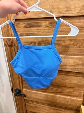 Blue Cropped Ribbed Padded Tank Top